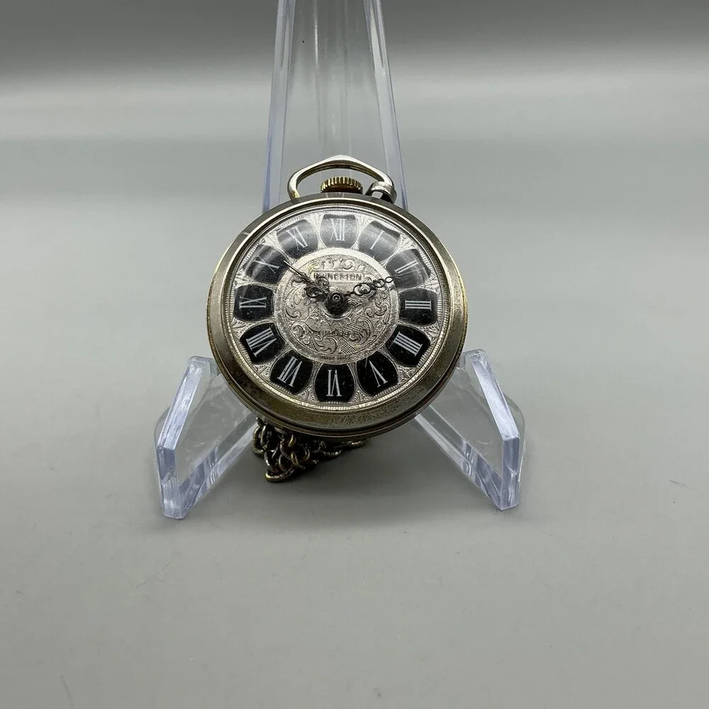 Vintage Benetton Pocket Watch Men 34mm Silver Tone Black Dial Manual Wind Chain